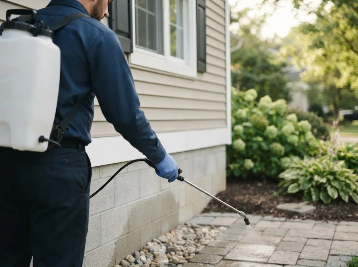 Pest control technician inspecting a home in Ashton, NE